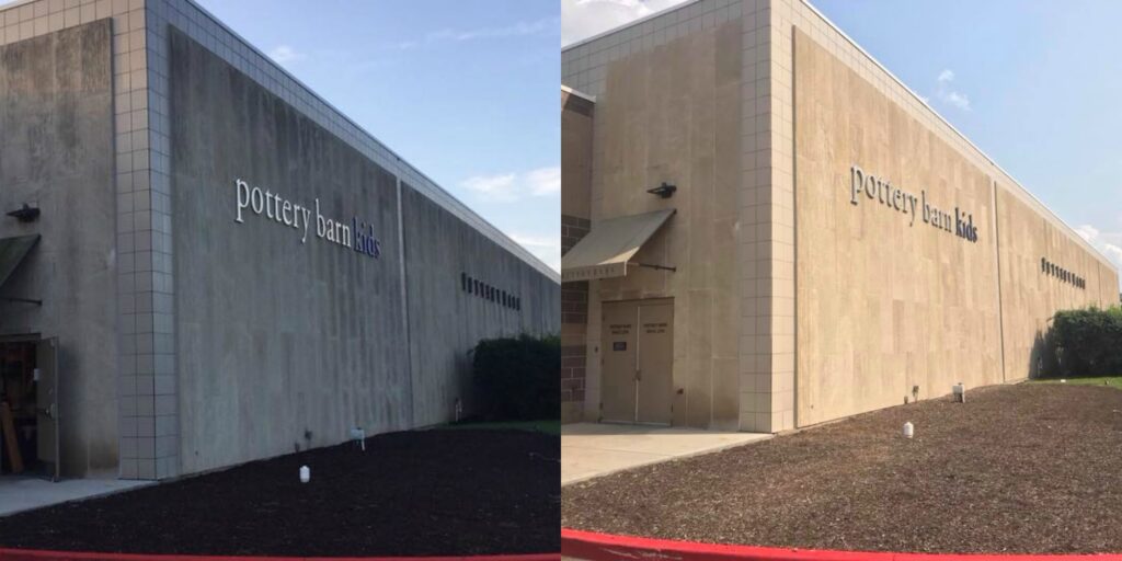 Before and after pressure washing "pottery barn kids" building