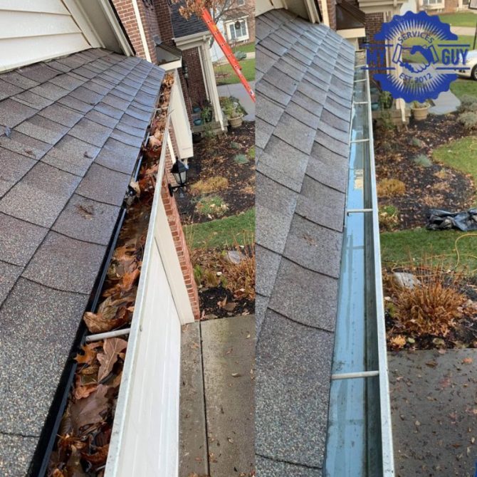 Before and after residential gutter cleaning