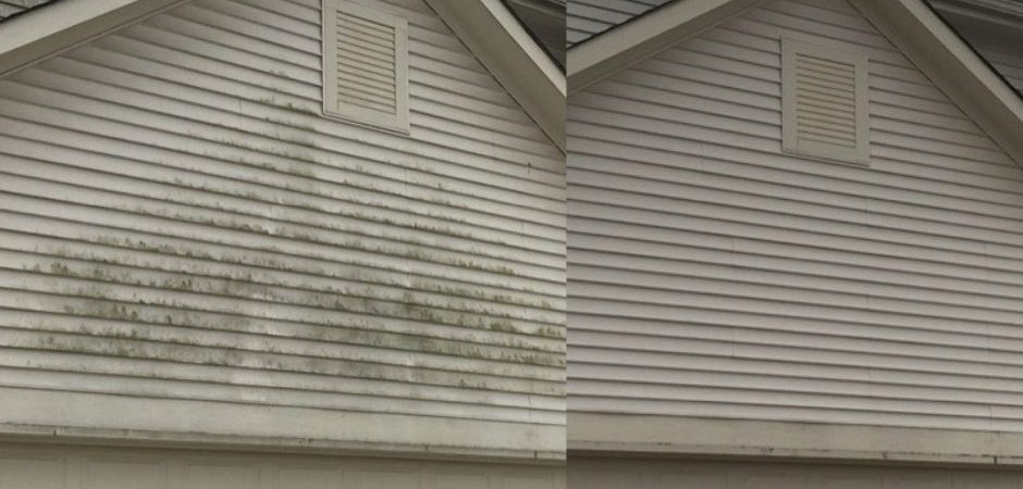 Before and after of vinyl siding washing