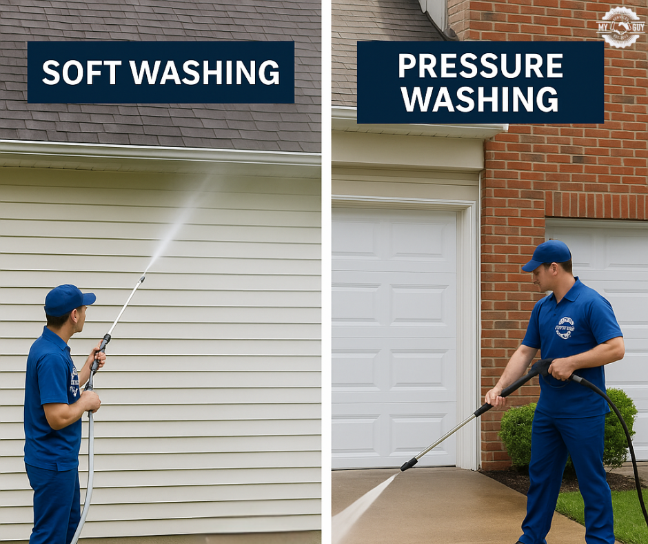 Comparison of soft washing and pressure washing performed by My Guy Services in Indianapolis, showing correct cleaning techniques for siding and concrete surfaces. Ideal for educating homeowners on exterior cleaning based on surface type and Indiana’s climate.