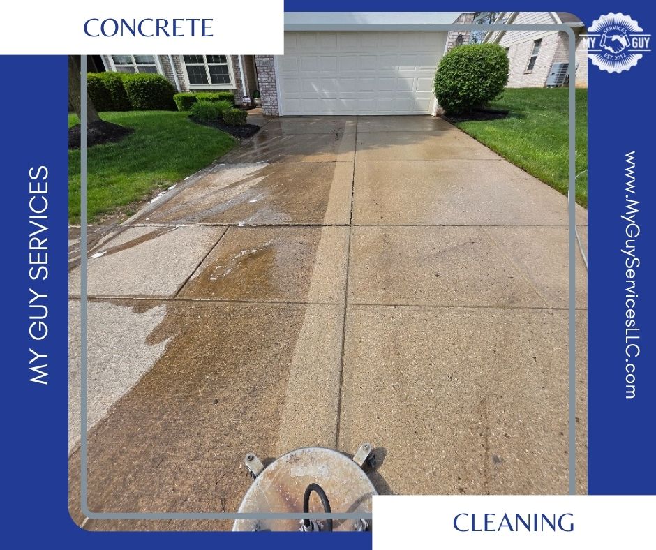 Before and after results of concrete cleaning Noblesville driveway