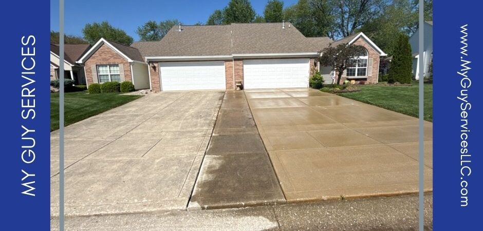 Before and after results of concrete cleaning Noblesville driveway