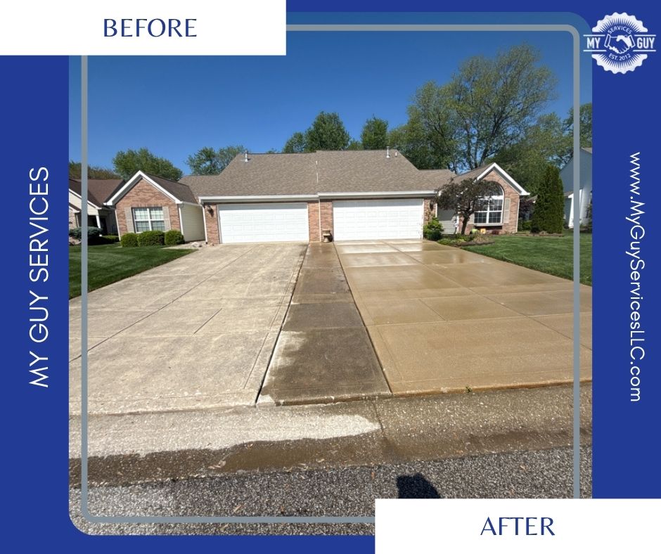 Before and after results of concrete cleaning Noblesville driveway