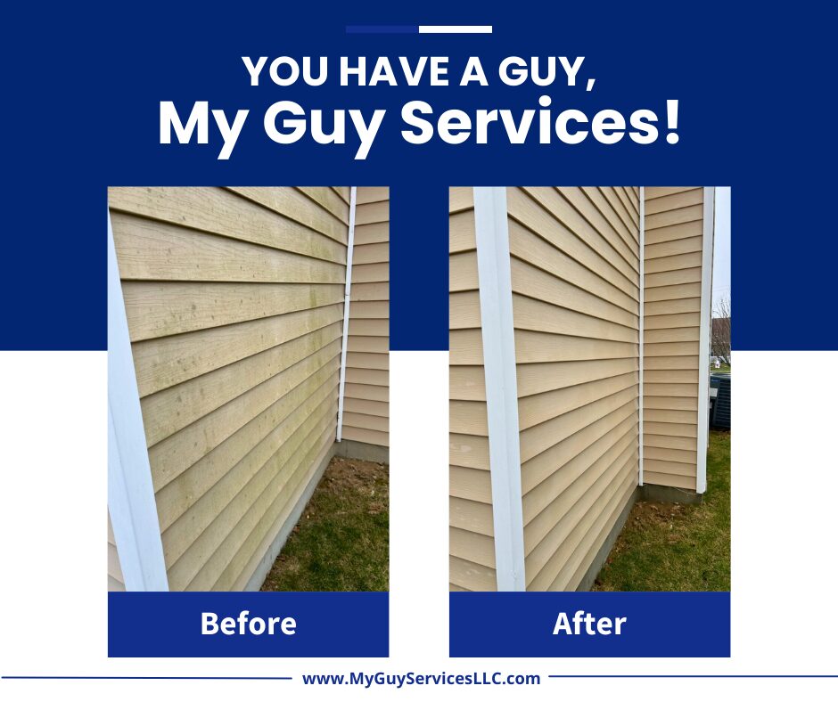 Before and after pressure washing on Carmel home siding