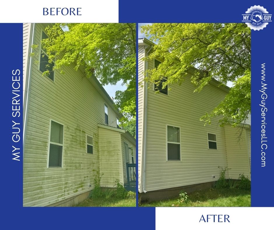 Mold on the north side of home. before and after powewashing by my guy services