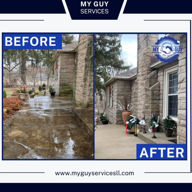 Before and after pressure washing a Plainfield driveway