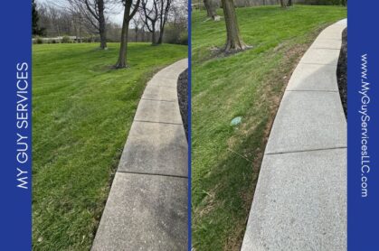 Professional power washing a sidewalk in Carmel to remove dirt, algae, and improve safety